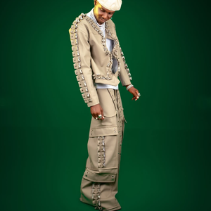 Men's Streetwear Two Piece Set Genuine Leather Breathable Pleated Jacket Wide Leg Cargo <b>Pants</b> Solid Color Full Sleeve Loose Fit - Product Image 5