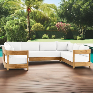 Ensemble de canapé modulaire en teck d'extérieur en forme de L, en bois massif, imperméable, lavable, meubles de jardin pour les stations balnéaires, les villas, les hôtels - Product Image 1
