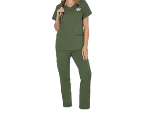 Women latest design <b>Scrub</b> Set Olive Green V Neck Short Sleeve Cotton Polyester Hospital <b>Uniforms</b> Pants Casual Medical - Product Image 1