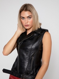 Grande taille femmes Vintage à la mode en cuir de vachette sans manches moto gilet écologique coupe-vent imperméable fourrure hiver - Product Image 4