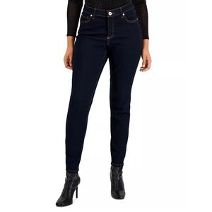 Jean délavé bleu pour femme, taille haute, coupe ajustée, en denim de coton, longueur cheville, ourlet retroussé, doux et décontracté - Product Image 5
