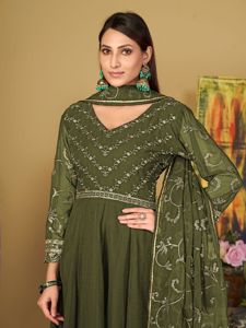 Women's Elegant <b>Light</b> Green Anarkali Suit Georgette Crepe 3/4 Sleeves Semi-Stitched for Festive Occasions Available at Low Price - Product Image 3