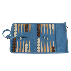 AQDAS INDUSTRIES Portable Leather <b>Backgammon</b> Set Foldable Travel Game <b>Board</b> with Dice and Checkers Blue Outdoor & Party Use - Product Image 1