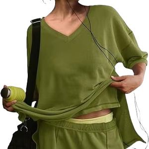 Ensemble 2 pièces T-shirt ample et short pour femme, tenue décontractée d'été avec poches, survêtement uni long pour le printemps 2026 - Product Image 2