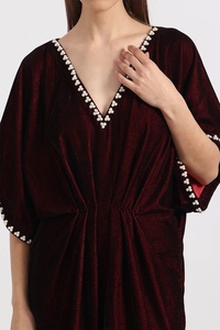 Beautiful Dubai <b>Kaftan</b> Women's Maroon Velvet With Pearl Trim V Neck Floor Length Loose Fit Modest Dress Three Quarter Sleeves - Product Image 5