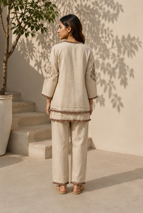<b>Women</b> Cotton <b>Linen</b> Embroidered Kurta Pant <b>Set</b> Beige Floral V Neck Three Quarter Sleeve Ethnic Casual Wear Comfortable Outfit - Product Image 2