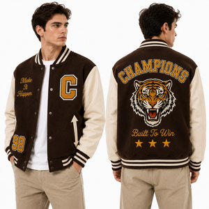 Wholesale Custom Letterman <b>Jacket</b> Navy Cream Wool Body Leather Sleeves Embroidered Hawks Logo Front Back Team Uniform Maker Gear - Product Image 4