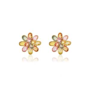 18K Solid Gold Floral Stud <b>Earrings</b> with Natural Rainbow Sapphires Pear Cut Diamonds & Emerald - Product Image 3