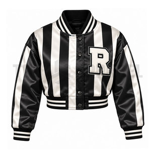 New Fashion <b>Ladies</b> Crop Varsity Jackets <b>Black</b> & White Striped Plus Size Stylish Wool Crop <b>Top</b> Jackets for Women - Product Image 1
