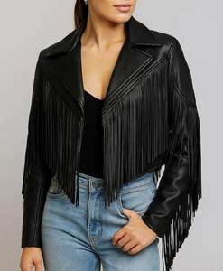 Women's Sheep <b>Leather</b> Motorcycle <b>Jacket</b> with Fringe Design Short Casual Breathable Winter Outerwear - Product Image 1