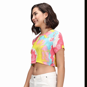เสื้อครอปท็อปผู้หญิง ลายมัดย้อม แขนสั้น คอกลม ผ้าถัก สวมใส่สบายๆ สำหรับฤดูใบไม้ผลิและฤดูร้อน ผ้าฝ้าย 100% ระบายอากาศได้ดี แฟชั่นทันสมัย - Product Image 3