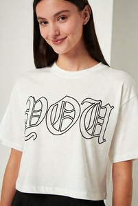 Women's <b>Cream</b> <b>Crop</b> <b>Top</b> Crew Neck Short Sleeve Letter Print Casual T-Shirt Regular Fit Spring Summer 100% Cotton Jersey - Product Image 5