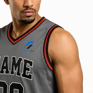 Maillot de basket-ball gris personnalisé pour hommes, col en v, sans manches, impression sublimée, nom numéro 09, coupe régulière, évacuation de l'humidité, 100% - Product Image 4