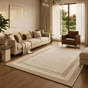 Tapis moderne en laine crème tufté à la main avec bordure géométrique côtelée, envers en latex, texture tonale pour salon - Product Image 5