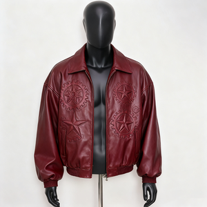 Men's Red PU Leather <b>Jacket</b> Embossed <b>Star</b> Gear Pattern Turn-down Collar Zipper Closure Casual Autumn Wear - Product Image 1
