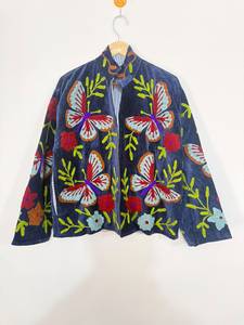 Fashion Embroidered <b>Velvet</b> Winter Lightweight Bomber <b>Jacket</b> with Floral Butterfly Pattern Zipper Closure Reversible Boho Design - Product Image 1