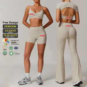 Conjunto Deportivo para Mujer, Brasier Deportivo Sin Costuras y Pantalones Cortos de Cintura Alta, Transpirable, de Secado Rápido, Ajustado, Color Sólido, Spandex y Poliéster - Product Image 1