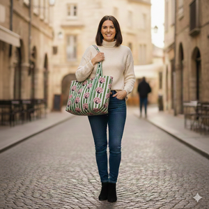 Bolsa de Mano de Algodón Acolchado con Estampado de Pavo Real y Rayas Verdes, Asas Largas para el Hombro, Reutilizable, para Compras, Gran Capacidad, Plegable y Abierta - Product Image 2