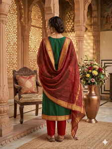 Green Cotton <b>Kurta</b> With Red Dupatta Set <b>For</b> <b>Women</b> Traditional Indian Ethnic Wear Ankle Length Regular Fit Casual Style - Product Image 5