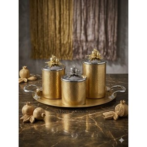 Brass-Finished <b>Spice</b> & Dry Fruit <b>Jars</b> Set with Hammered Texture Decorative Handicrafts Storage & Container and Serving Tray - Product Image 6