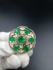 floral Shape Cocktail <b>Ring</b> With green doublet Stone and moissanite Gold Plated handmade Glam ethnic Style <b>adjustable</b> <b>ring</b> - Product Image 1