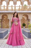 Conjunto de Lehenga Choli Rosa Bordado, Vestido Étnico para Mujer con Dupatta para Bodas y Fiestas
