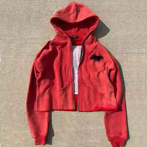 Sudadera con capucha para hombre OEM Streetwear Vintage con efecto desgastado por el sol, bordado de apliques personalizado, estampado de pedrería, corte holgado, estilo cropped y oversize, con cremallera - Product Image 4