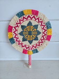 Luxury Handwoven Round Straw Hand Fan Colorful Concentric Ring Pattern Eco Friendly <b>Boho</b> <b>Wall</b> <b>Hanging</b> Decor Art Set Pack - Product Image 3