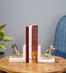 Modern design Cast Aluminium dog with <b>white</b> marble base bookend nickel plated vintage style bookend bookshelf organizer - Product Image 2