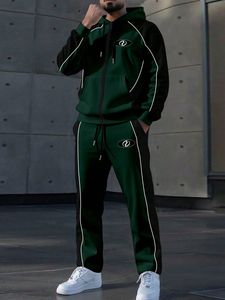 Men <b>Green</b> <b>Black</b> Hooded Tracksuit Set Full Sleeve Solid Sporty Pants Elastic Waist Anti-Bacterial Fleece Breathable Polyester - Product Image 1