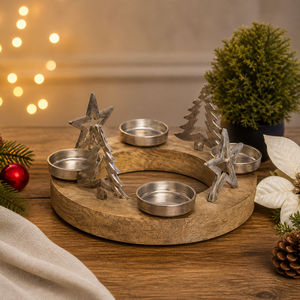 Wooden <b>Candle</b> <b>Tray</b> Set with Metal Tree Holders Rustic Festive Centerpiece Durable Base Elegant Home Table Decor - Product Image 1