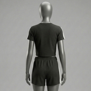 Ensemble de sport décontracté pour femme, col montant uni, longueur standard, t-shirt et short de jogging, 100 % coton molletonné respirant - Product Image 4