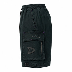 Shorts cargo baggy Y2K personnalisés pour hommes, en ripstop bleu sarcelle noir, style streetwear, avec strass et logo en silicone - Product Image 4