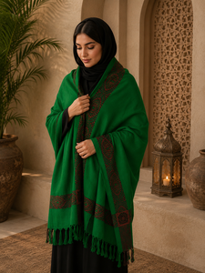 Green Embroidered Wool Kashmiri Shawl for Women Winter Scarf Long <b>Wrap</b> with Tassel Border Custom Logo - Product Image 2