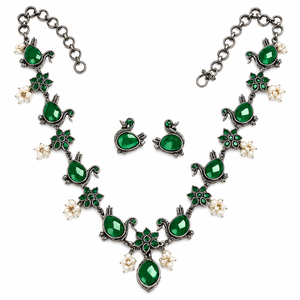 Conjunto de Collar y Pendientes de Plata Oxidada con Diseño de Pavo Real para Mujer, Engaste de Canal, Zirconia Verde, Estilo Bohemio Vintage, para Boda y Fiesta - Product Image 1