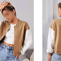 Excellent Fournisseur – Nouvelle Veste Teddy Femme OEM ODM, Couleur Unie, Manches Contrastantes, Col Rabattu, Manches Longues, Coupe Courte Standard