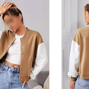 Excellent Fournisseur – Nouvelle Veste Teddy Femme OEM ODM, Couleur Unie, Manches Contrastantes, Col Rond, Manches Longues, Style Court - Product Image 5
