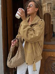 Blouson bomber vintage en daim pour femme avec logo personnalisé, motif matelassé uni, pour toutes les saisons – Vestes en daim pour femme - Product Image 4