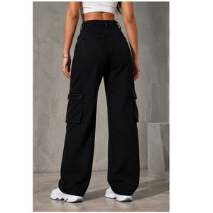 Proveedor Indio: Pantalones Vaqueros Cargo Negros Casuales para Mujer, Corte Regular, Pierna Ancha y Bolsillos Amplios para Comodidad Diaria - Product Image 1