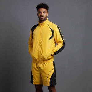 Ensemble de survêtement sportif pour homme jaune et noir avec veste zippée et short, col montant, respirant, en polyester, idéal pour l'été - Product Image 3