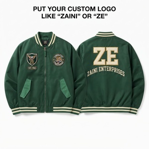 Veste bomber coupe-vent en polyester de qualité supérieure 180 GSM, col en tricot côtelé vert, logo brodé personnalisé, style universitaire, unisexe - Product Image 1
