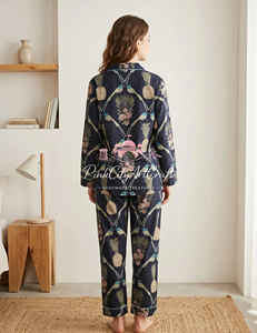 Women's Premium Cotton Hand Block Printed Summer Night Suit Set Elegant Long Sleeve Button-<b>Down</b> Shirt Full-Length Lounge <b>Pants</b> - Product Image 2