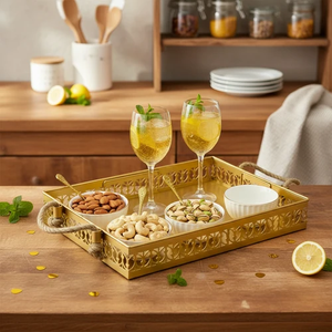 Bandeja Decorativa de Latón con Diseño Floral, Asas de Cuerda, Color Natural, Rectangular, Diseño Moderno, para Mesa de Comedor, Ramadán, Bodas, Diwali - Product Image 1