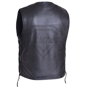 Chaleco de cuero negro personalizado para hombre, estilo motociclista, con cierre frontal a presión y cordones laterales, para club, ropa exterior, chaqueta sin mangas de cuero genuino. - Product Image 3