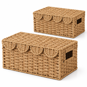 Ensemble de paniers de rangement rectangulaires modernes en jonc de mer, personnalisables et écologiques, avec 2 couvercles à charnières et poignées découpées, pour l'organisation de la maison - Product Image 1