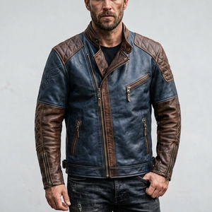 Chaqueta de Motociclista de Cuero Genuino para Hombre, Cuello Alto, Cierre de Cremallera, Corte Ajustado, para Otoño, Marrón y Azul, con Hombros Acolchados - Product Image 1