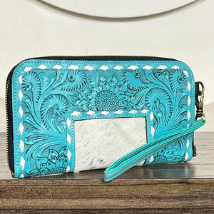 2026 Stylish Hand Tooled Genuine Cowhide Fur Leather Women <b>Zip</b> Clutch Purse Card Holder Travel Multi Uese Western <b>Wallet</b> - Product Image 4