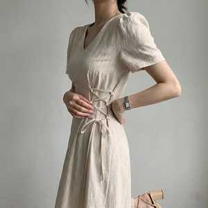 Vestido Maxi de Lino para Mujer, Cuello en V, Manga Abullonada, Silueta Evase, Cordones Laterales en la Cintura, Verano, Casual, Elegante, Liso, Teñido Natural - Product Image 3