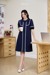 Robe de bureau bleu anthracite V1465 avec col lotus, manches bouffantes, tissu sergé doux et absorbant la transpiration, prix de gros - Product Image 4