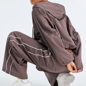 Trendy Women Oversized <b>Cropped</b> <b>Top</b> Hoodod Track Pant Solid Color Windproof Widebreaker Nylon Zip Up Custom Style Jacket Supply - Product Image 3